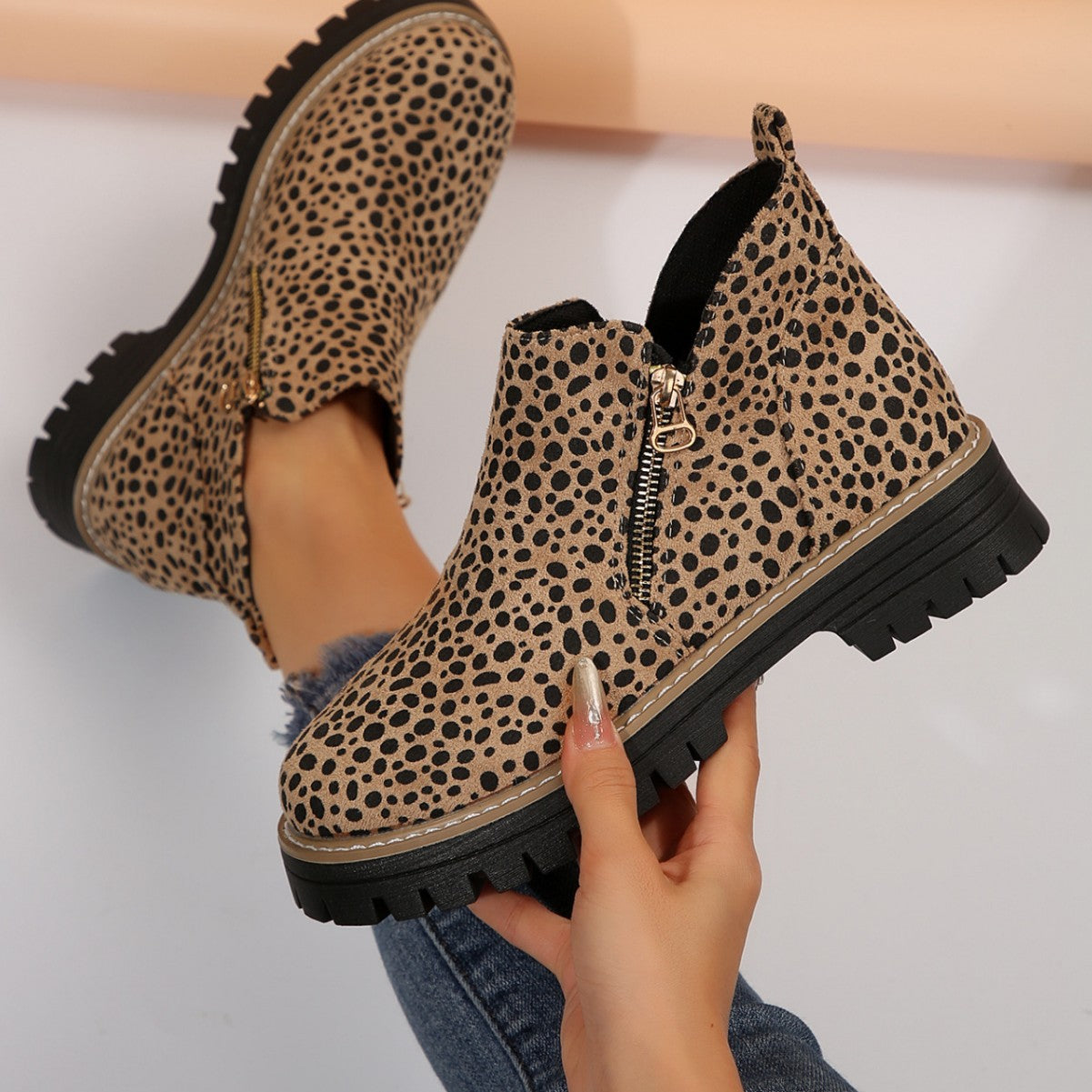 OrthoCare Leopard Print Low Heel Boots - Unique Elegance