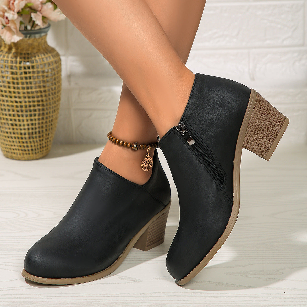 Rona | Orthopedic Chunky Heel Round Toe Ankle Boots With Side Zipper
