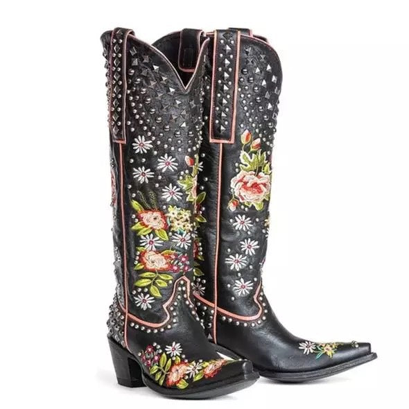 OrthoCare Floral Blue Studded Pointed Toe Boots