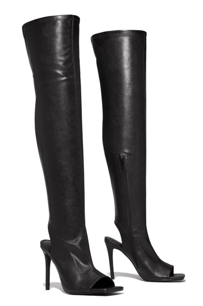 Qamar | Orthopedic Nude Faux Leather Peep-Toe Thigh-High Stiletto Boots