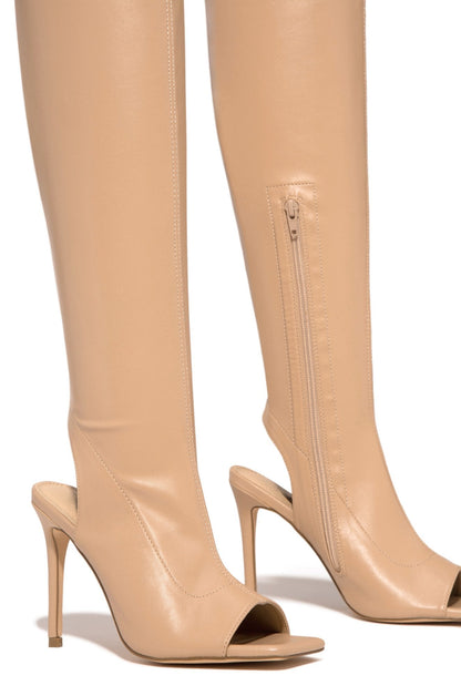 Qamar | Orthopedic Nude Faux Leather Peep-Toe Thigh-High Stiletto Boots