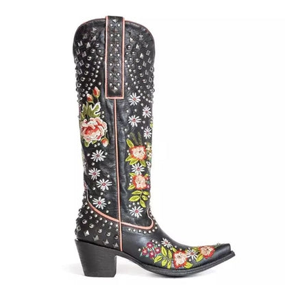 OrthoCare Floral Blue Studded Pointed Toe Boots
