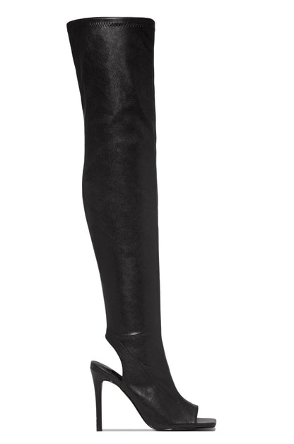 Qamar | Orthopedic Nude Faux Leather Peep-Toe Thigh-High Stiletto Boots