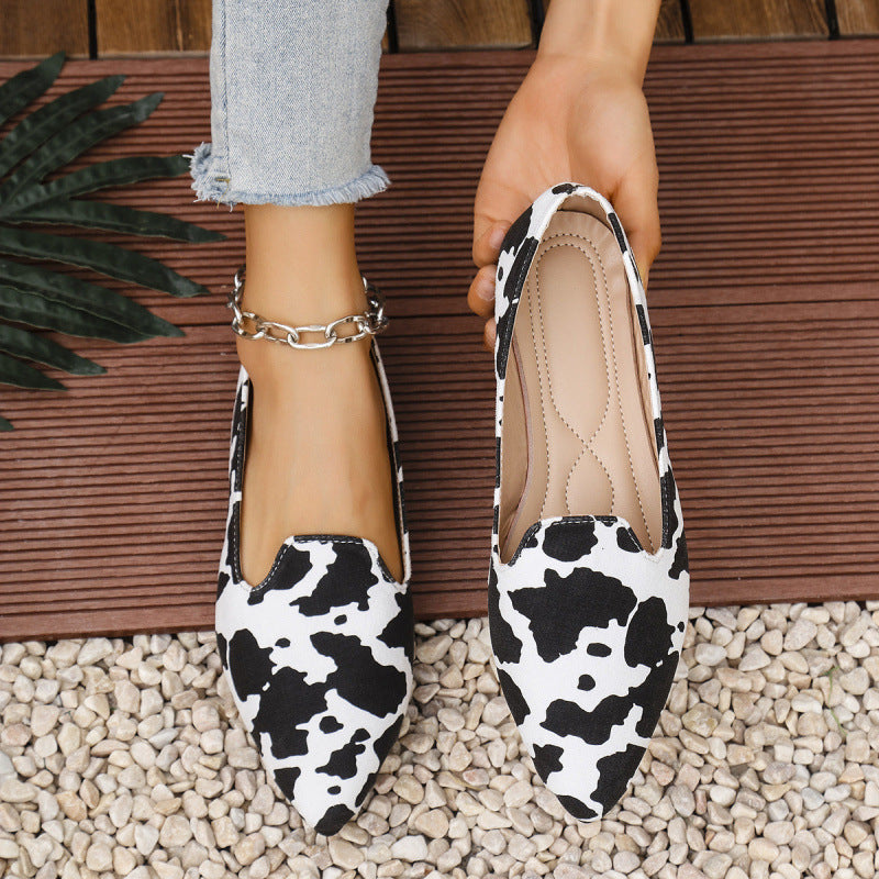OrthoCare | Cow Print Pointed Toe Slip-On Loafers