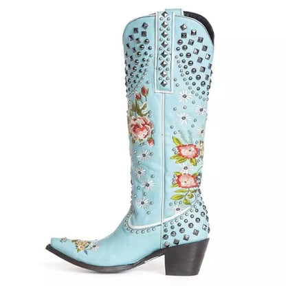 OrthoCare Floral Blue Studded Pointed Toe Boots