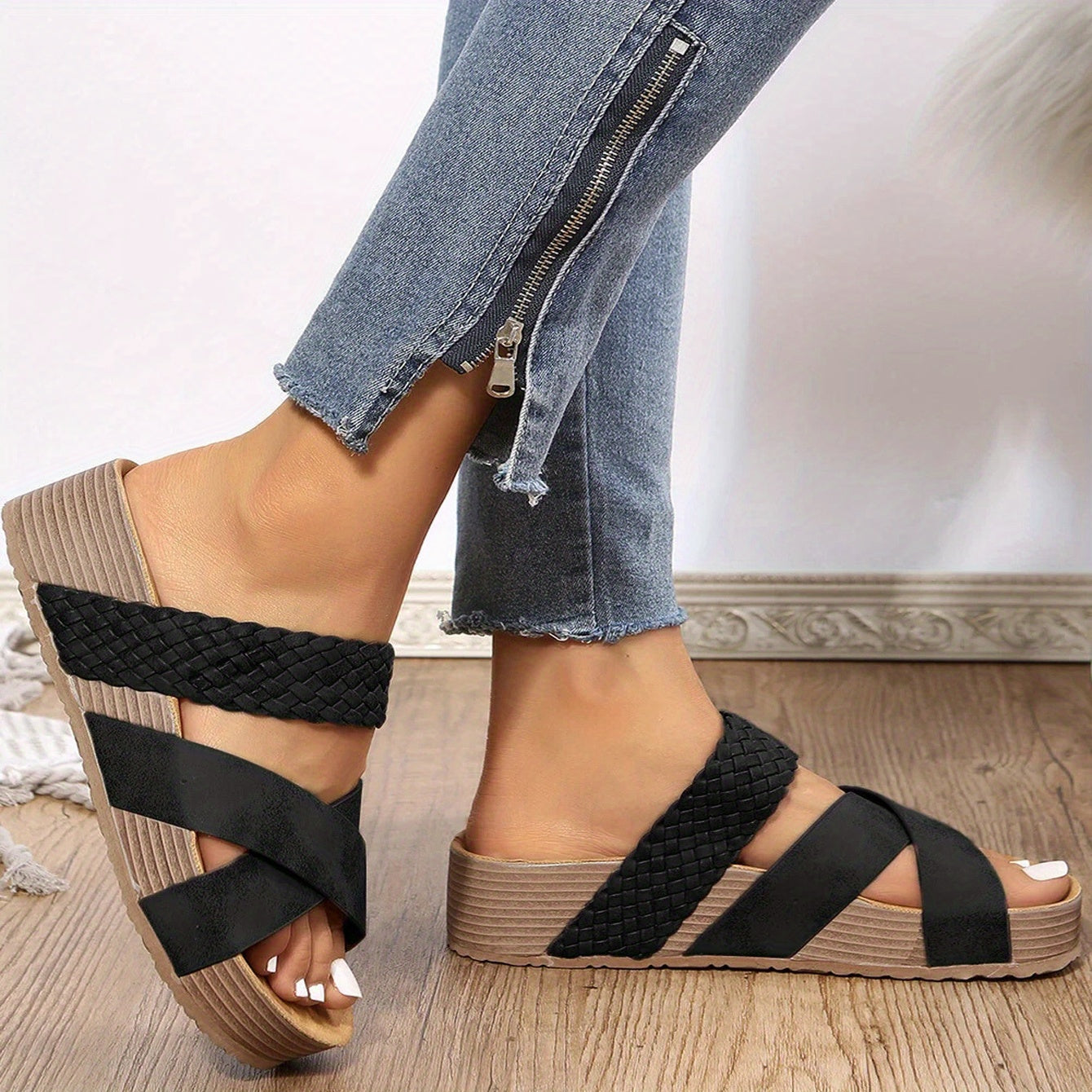 Caitlin | Orthopedic Woven Platform Sandals – Cross-Strap Slip-On Comfort