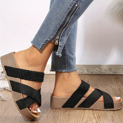 Caitlin | Orthopedic Woven Platform Sandals – Cross-Strap Slip-On Comfort