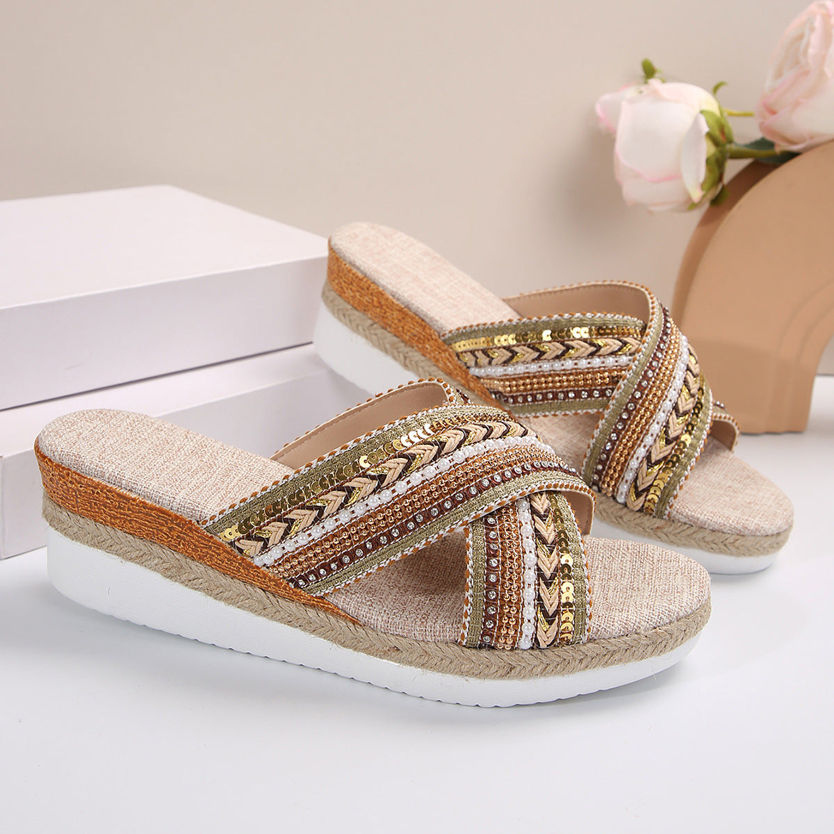 OrthoCare Ethnic Linen Heeled Sandals - Unique And...