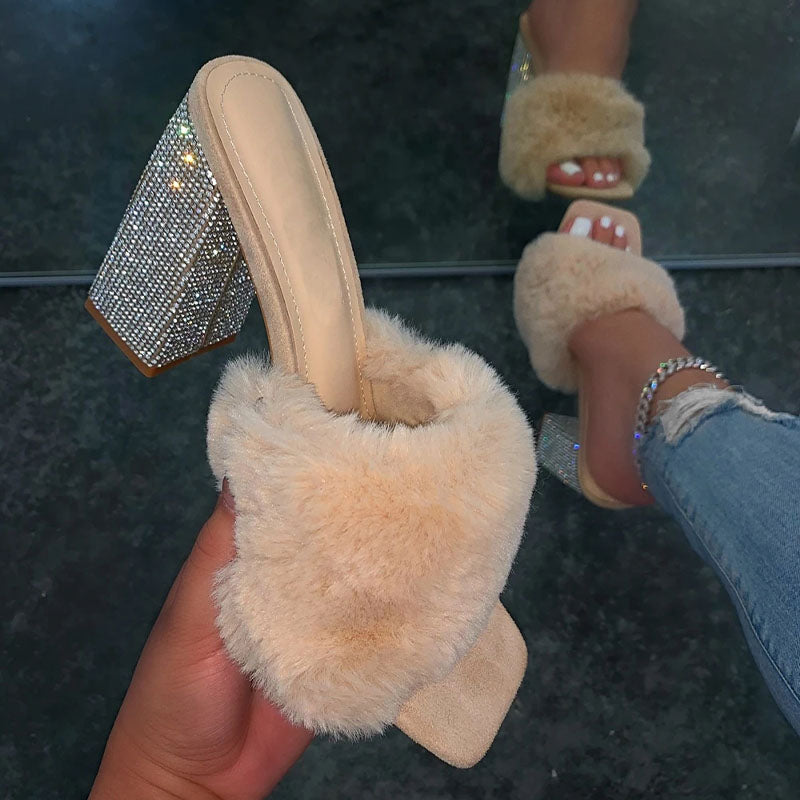 Zafira | Women’s Orthopedic Faux Fur Rhinestone Block Heel Mule Sandals