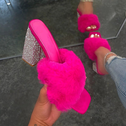 Zafira | Women’s Orthopedic Faux Fur Rhinestone Block Heel Mule Sandals