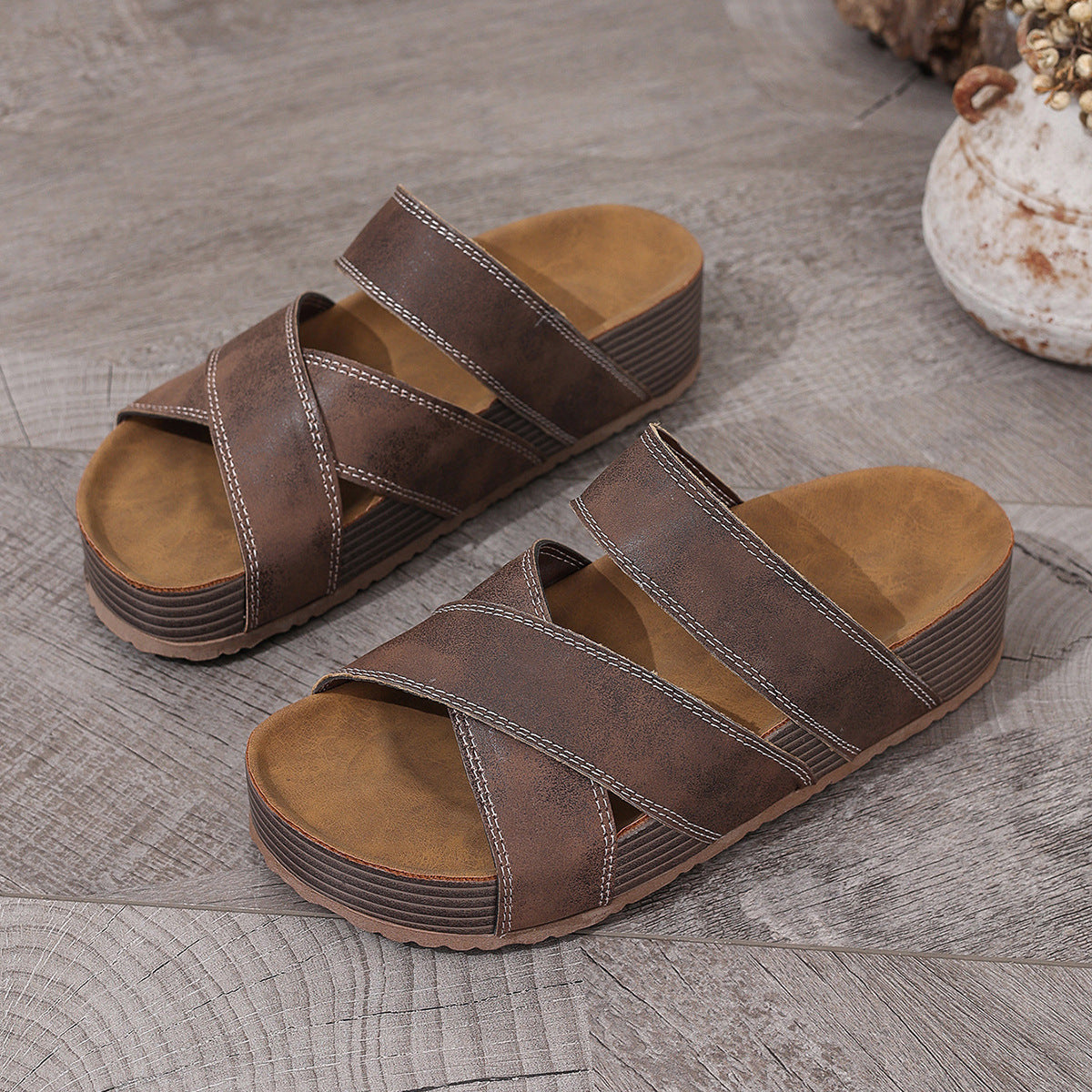 Faelina | Women’s Orthopedic Cross Strap Cork Slide Sandals