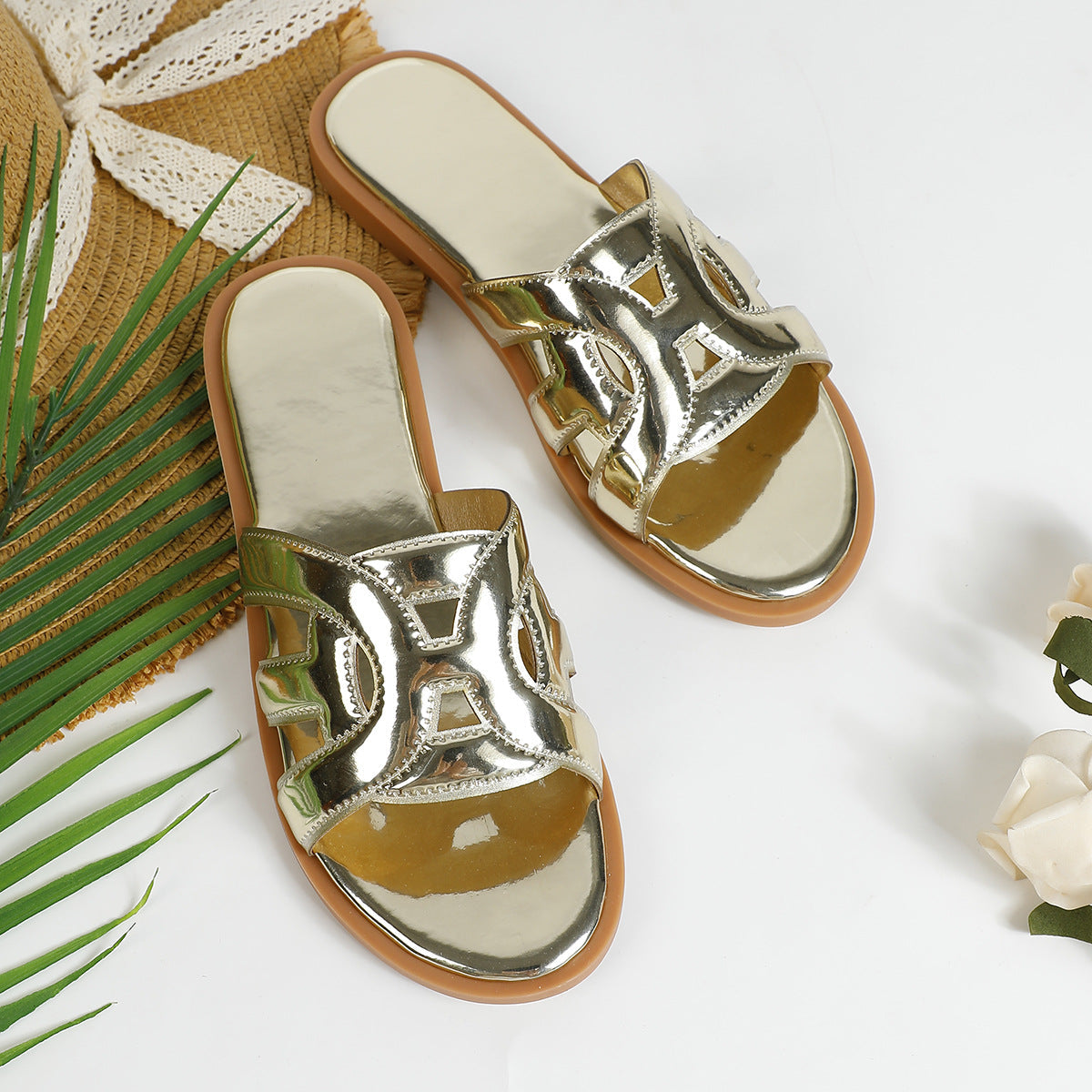 Fenella | Women’s Orthopedic Metallic Flat Slide Sandals