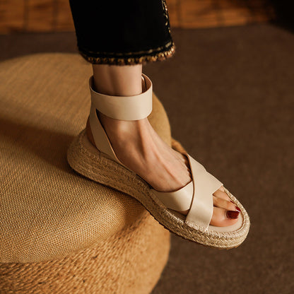 OrthoCare Vintage Flat Sandals In Braided Leather With A Wedge Heel
