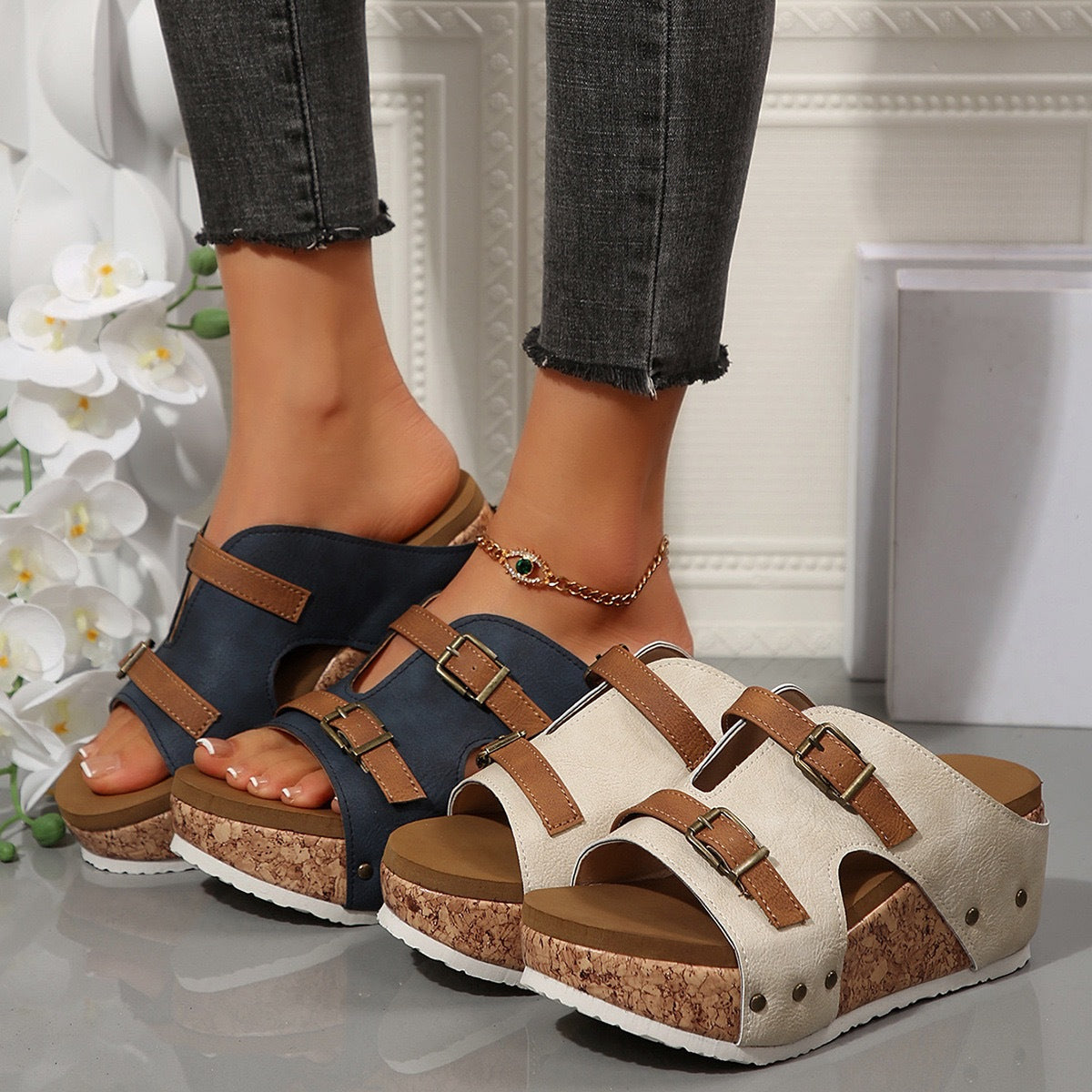 OrthoCare Ins Buckle Chunky Heel Sandals - Unique Summer Elegance