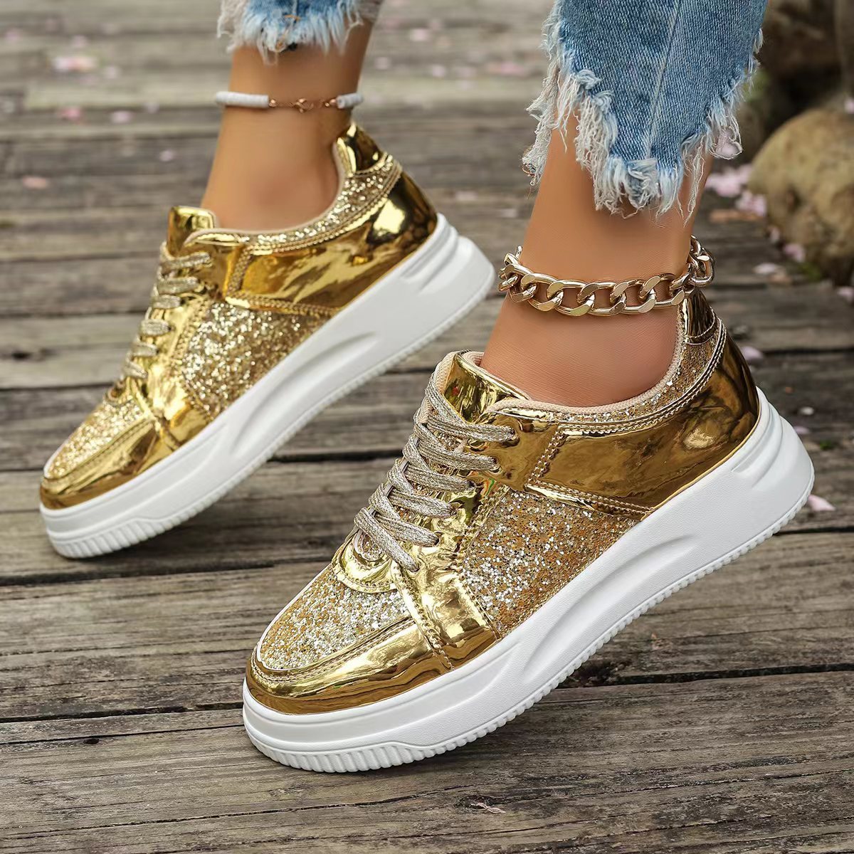 OrthoCare Unique Sequined Lace-Up Flat Shoes