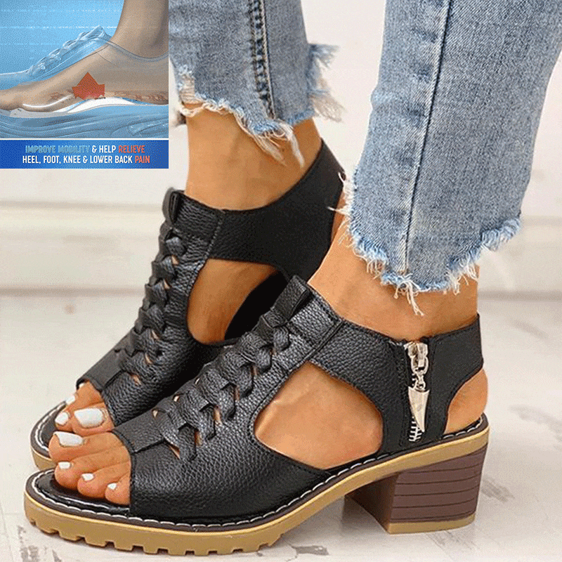 Haisley | Orthopedic Cut-Out Leather Sandals with Low Block Heel