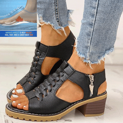 Haisley | Orthopedic Cut-Out Leather Sandals with Low Block Heel