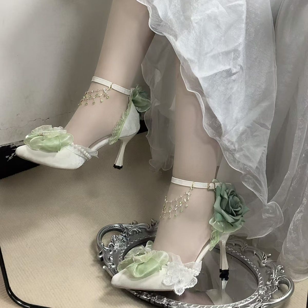 OrthoCare Floral Bow Ankle Strap Stiletto Heel Sandals