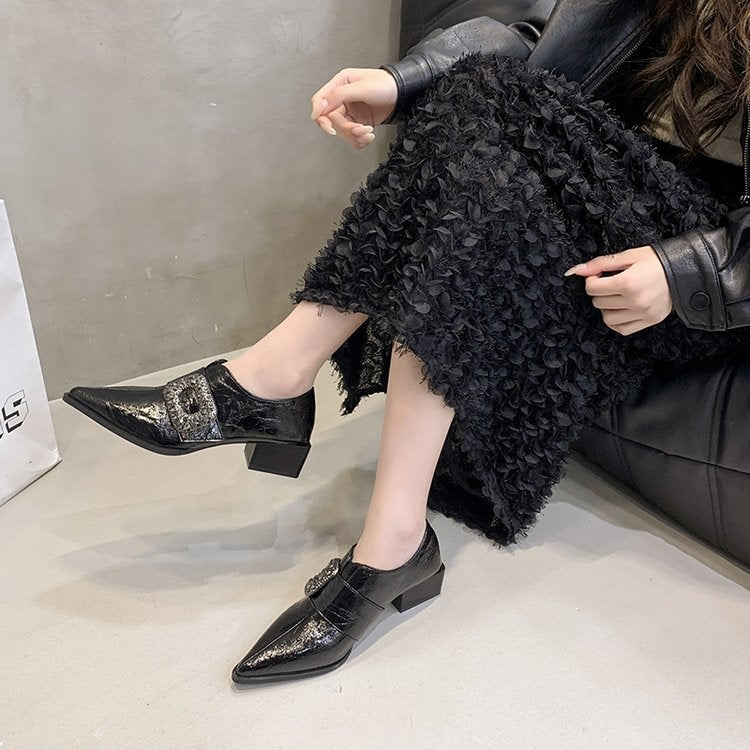 Glossy Buckle Strap Block Heel Loafers