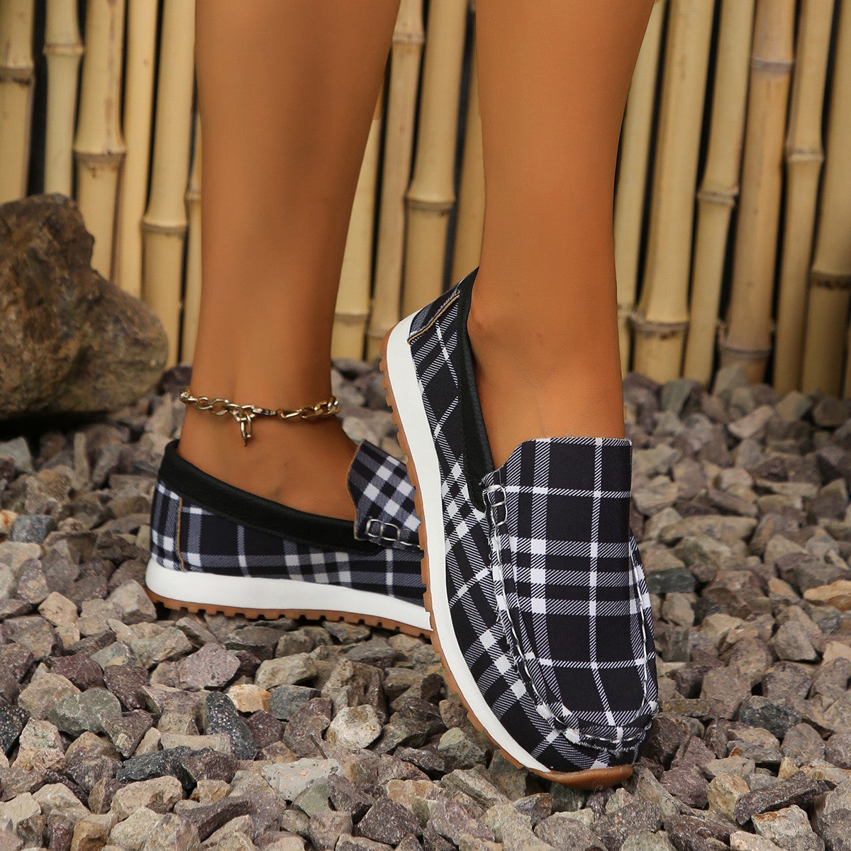 OrthoCare Women’s Plaid Slip-On Loafers – Lightweight Casual Comfort Shoes