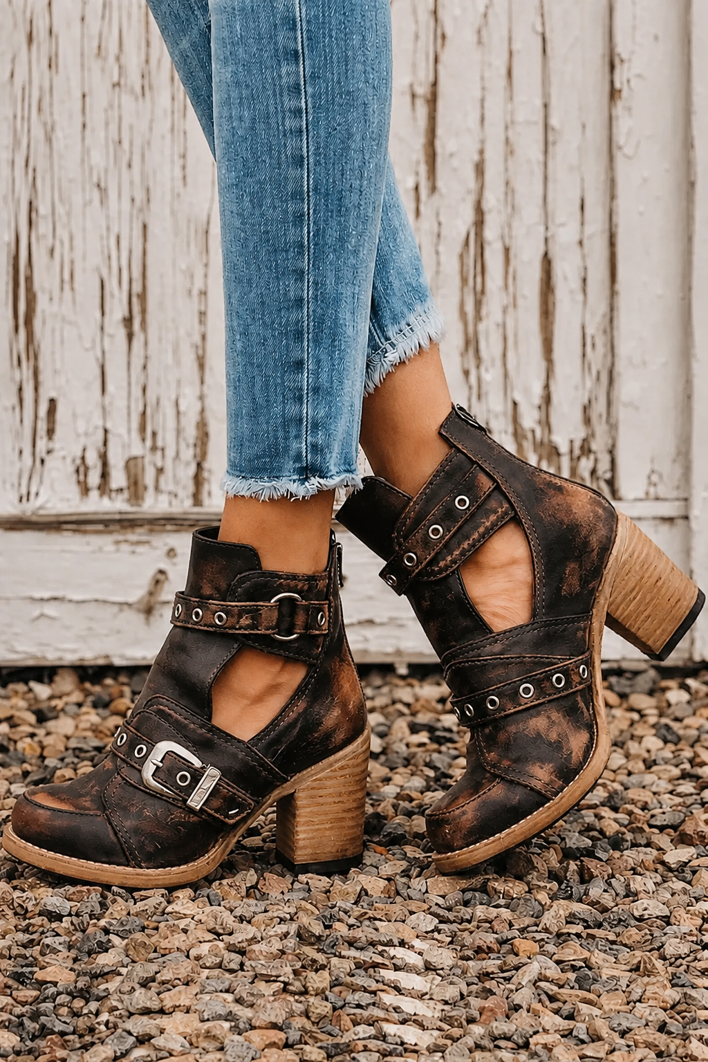 Taylen | Orthopedic Distressed Cutout Buckle Block-Heel Booties