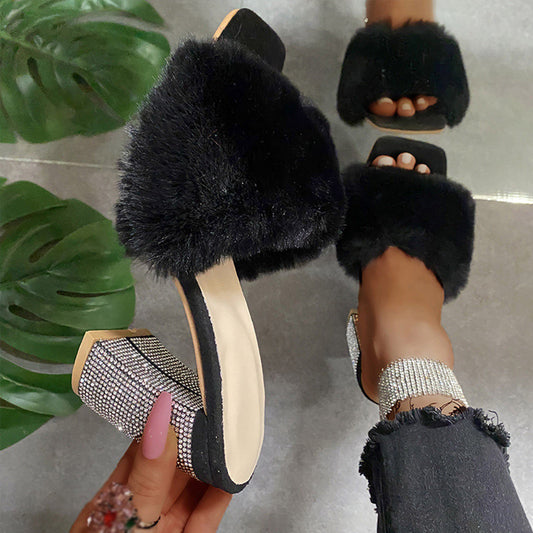 Zafira | Women’s Orthopedic Faux Fur Rhinestone Block Heel Mule Sandals