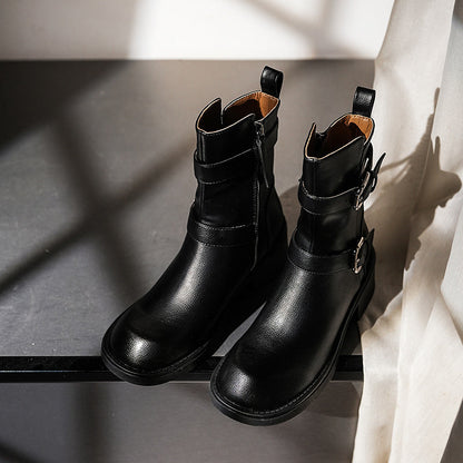 Sandy | Orthopedic Women's Double Belt Buckle Side Zipper Chunky Heel Ankle Boots