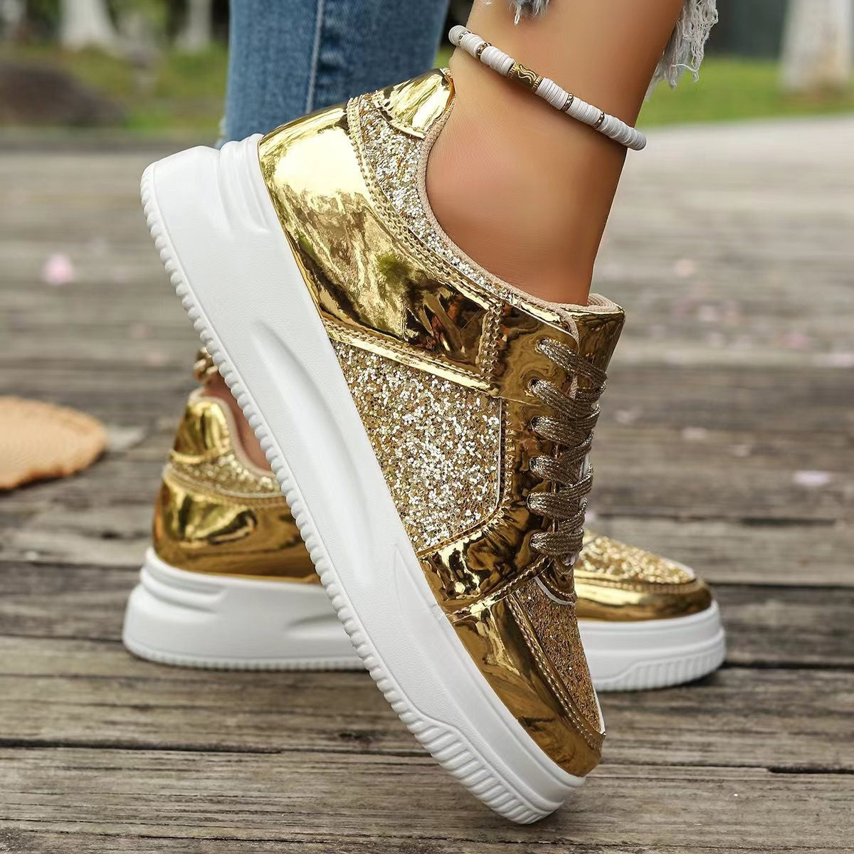 OrthoCare Unique Sequined Lace-Up Flat Shoes