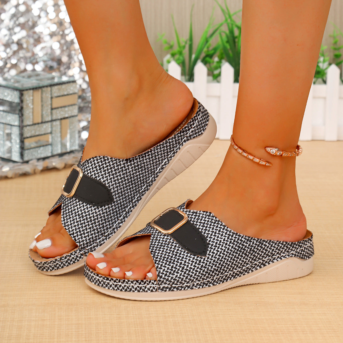 Quintessa | Women’s Orthopedic Buckle Strap Wedge Slide Sandals