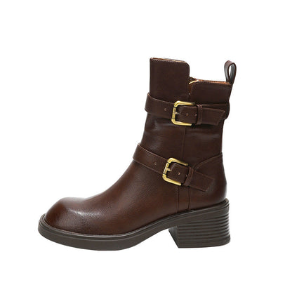 Sandy | Orthopedic Women's Double Belt Buckle Side Zipper Chunky Heel Ankle Boots