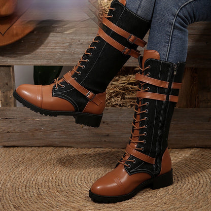 Lea | Orthopedic Round Toe Rivet Belt Buckle Square Heel Boots
