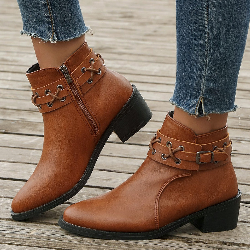 OrthoCare Leather Ankle Boots - Thick Heel Zip