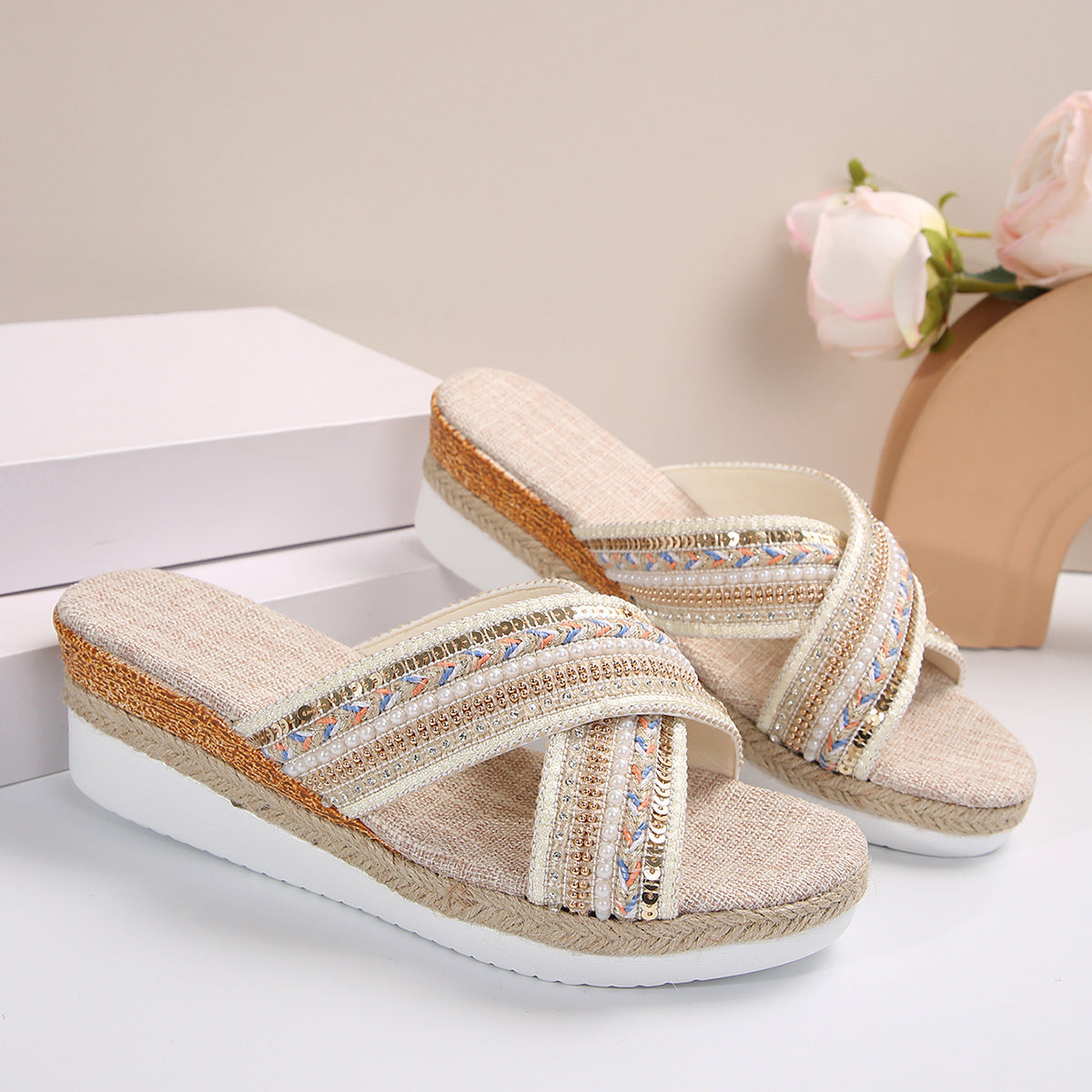 OrthoCare Ethnic Linen Heeled Sandals - Unique And...