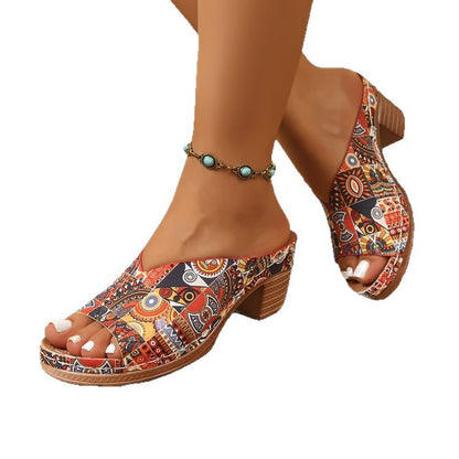 Halcyra | Women’s Orthopedic Boho Printed Block Heel Mules