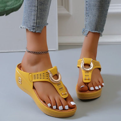 OrthoCare High Heel Thong Sandals With Metallic Decorations