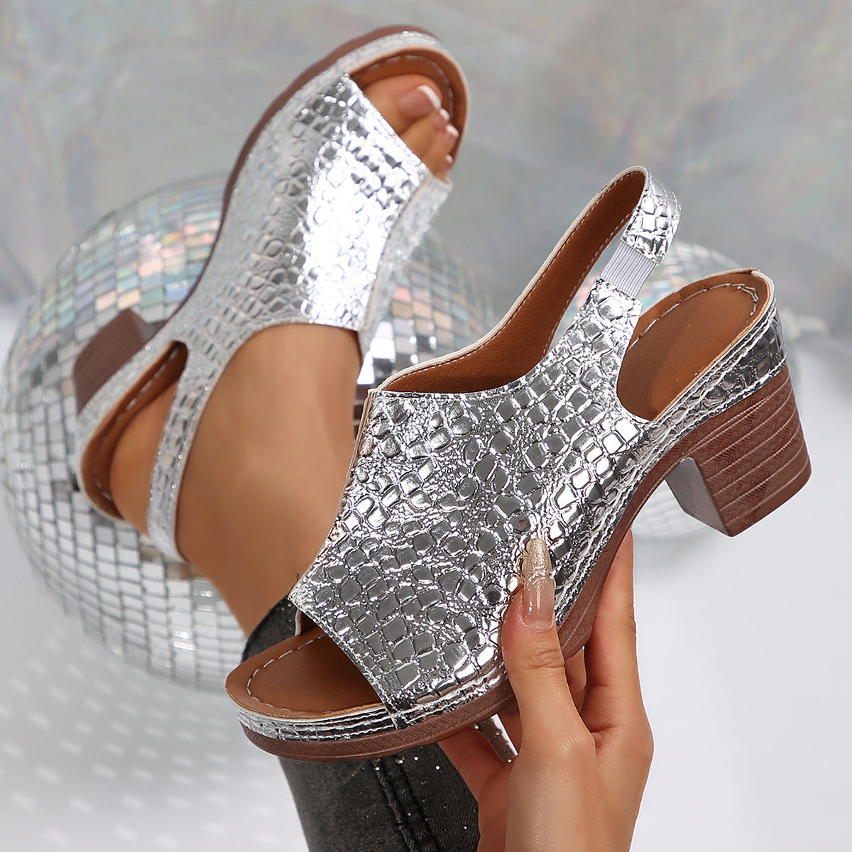Sandra | Orthopedic Croc-Embossed Chunky Heel Sandals
