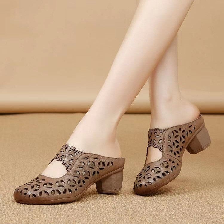 OrthoCare Women’s Vintage Cut-Out Heeled Mules – Breathable Comfort Slip-On Shoes