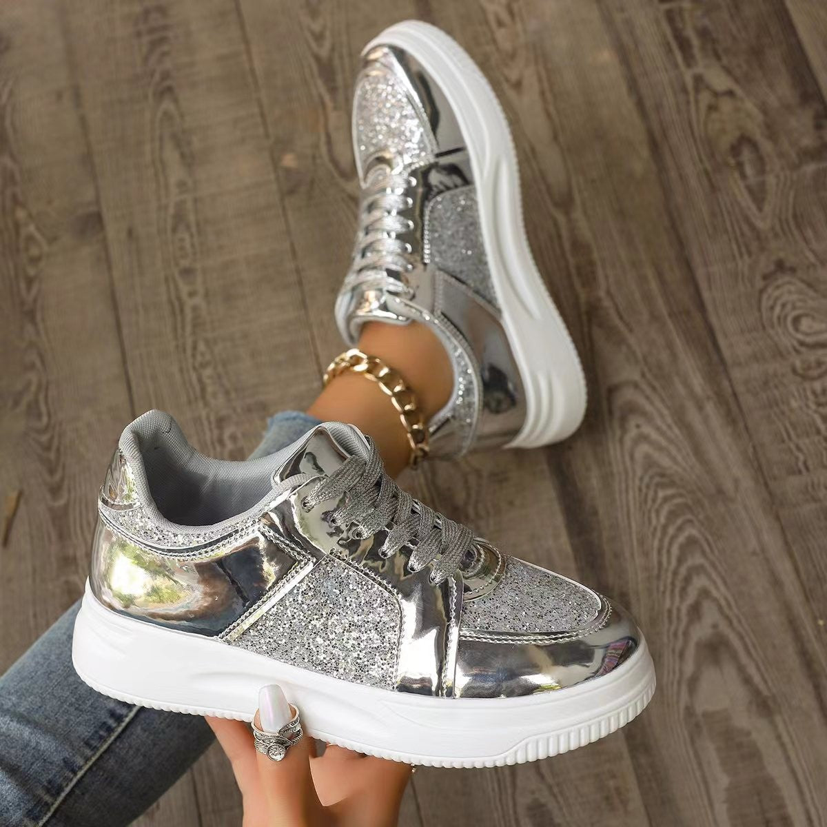 OrthoCare Unique Sequined Lace-Up Flat Shoes