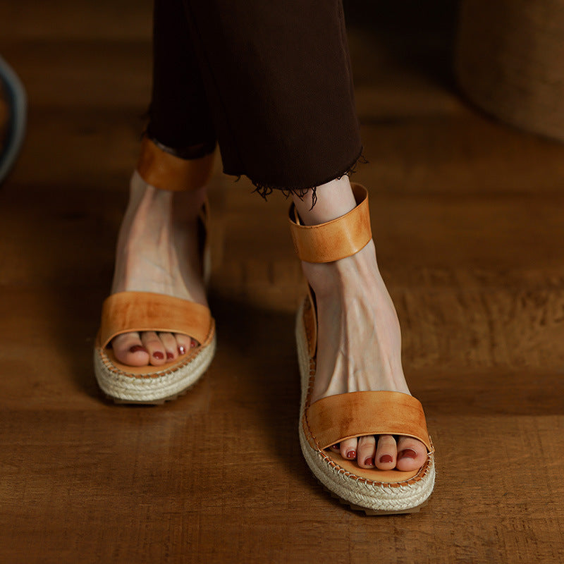OrthoCare Vintage Flat Sandals In Braided Leather With A Wedge Heel