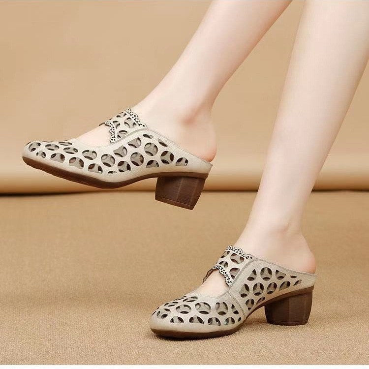 OrthoCare Women’s Vintage Cut-Out Heeled Mules – Breathable Comfort Slip-On Shoes
