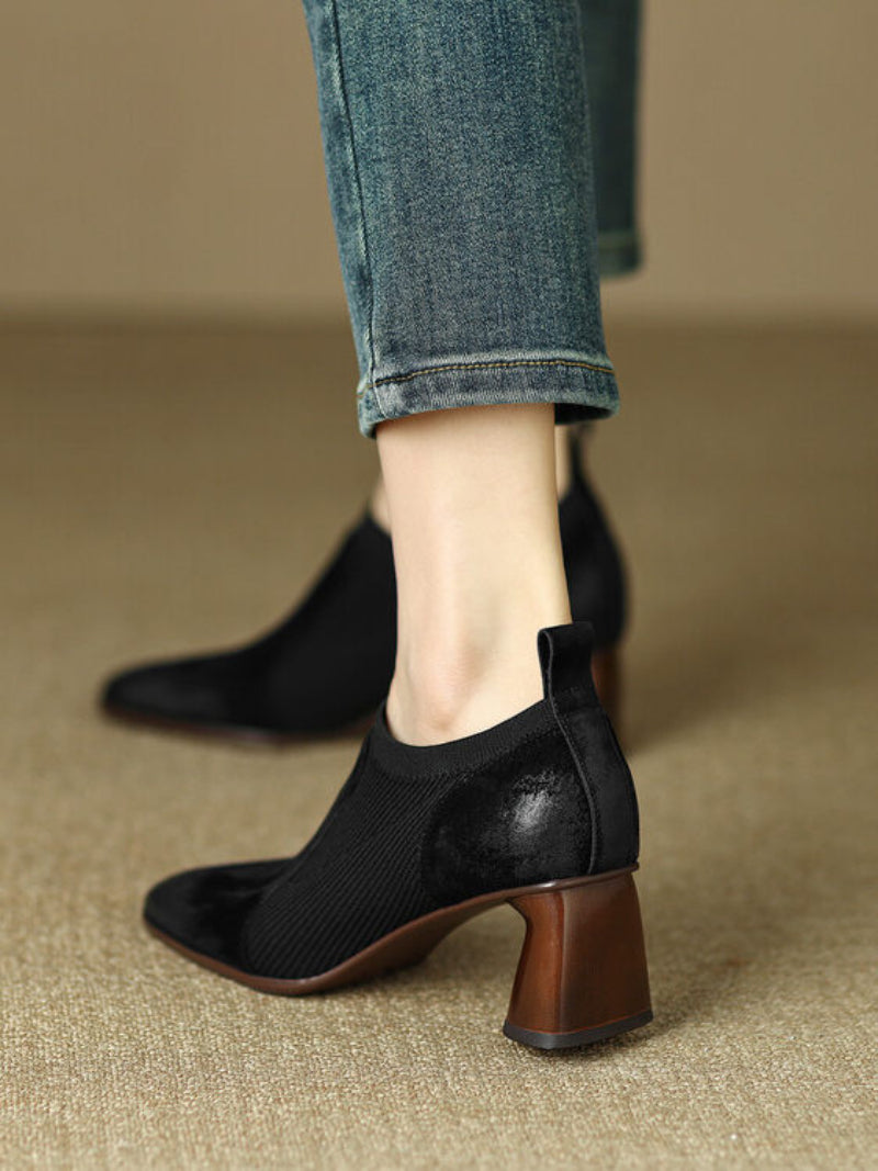 OrthoCare Square High Leather Heels With A Unique Patchwork Design