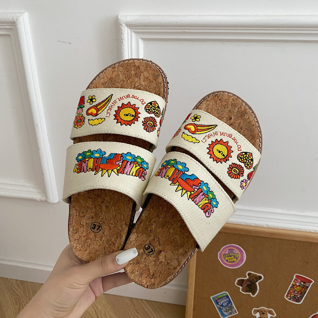 Tahlina | Women’s Orthopedic Boho Embroidered Cork Slide Sandals