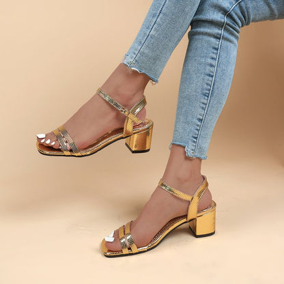 OrthoCare Metallic Ankle Strap Block Heel Sandals