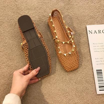 Coraline | Women’s Orthopedic Woven Studded Mule Flats