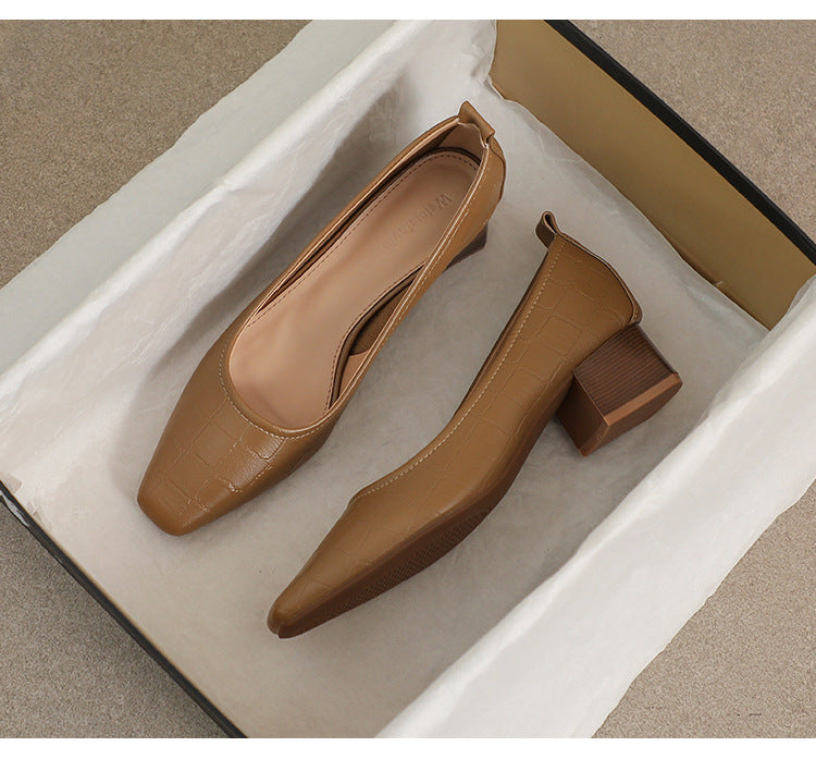 OrthoCare | Women’s Square-Toe Block Heel Pumps – Classic Textured Low Heels