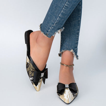 OrthoCare | Metallic Bow Pointed Toe Mule Flats