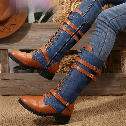 Lea | Orthopedic Round Toe Rivet Belt Buckle Square Heel Boots