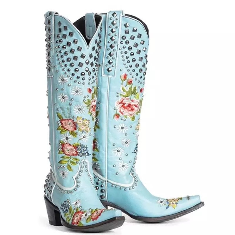 OrthoCare Floral Blue Studded Pointed Toe Boots