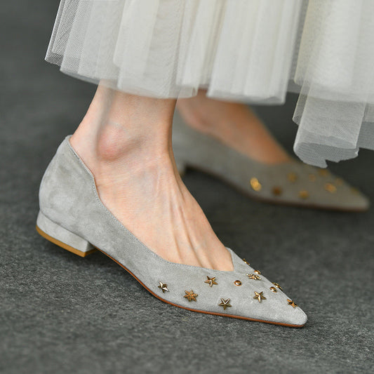 OrthoCare Women’s Suede Star Embellished Flats – Elegant Low Heel Comfort Shoes
