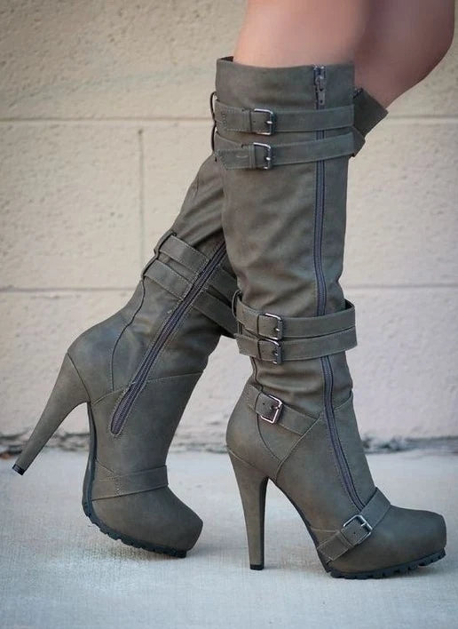 Bela | Orthopedic Retro High-Heel Boots – Zipper & Buckle Knee-High Booties